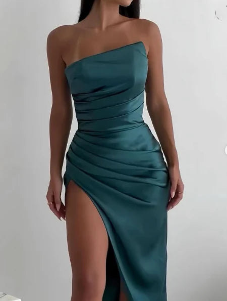 Xuewuba Dress Vintage Sheath Strapless Neckline Slit Satin Long Party Dress Prom Dresses