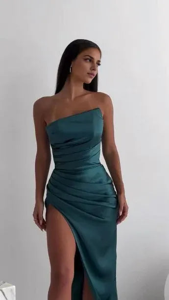 Xuewuba Dress Vintage Sheath Strapless Neckline Slit Satin Long Party Dress Prom Dresses