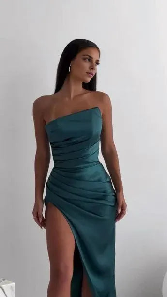 Xuewuba Dress Vintage Sheath Strapless Neckline Slit Satin Long Party Dress Prom Dresses