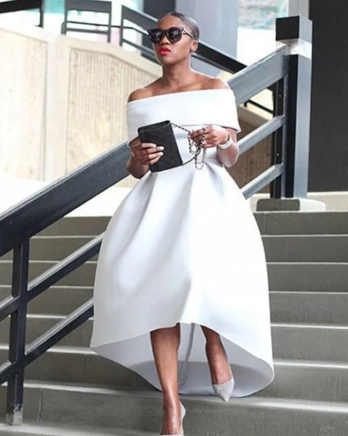Xuewuba Dress White Simple Prom Dresses Off-the-Shoulder Party Dresses High Low Hem with Sleeveless Prom Dresses