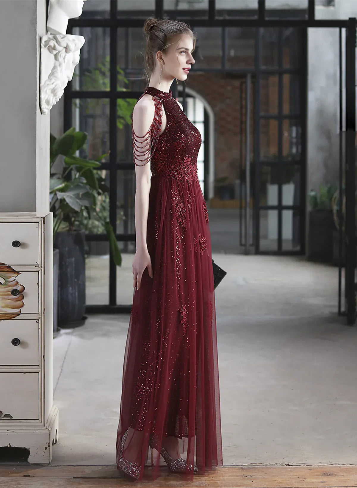 Xuewuba Dress Wine Red A-line Sequins and Tulle Halter Long Prom Dress Wine Red Formal Dress Prom Dress Formal Wear Dresses