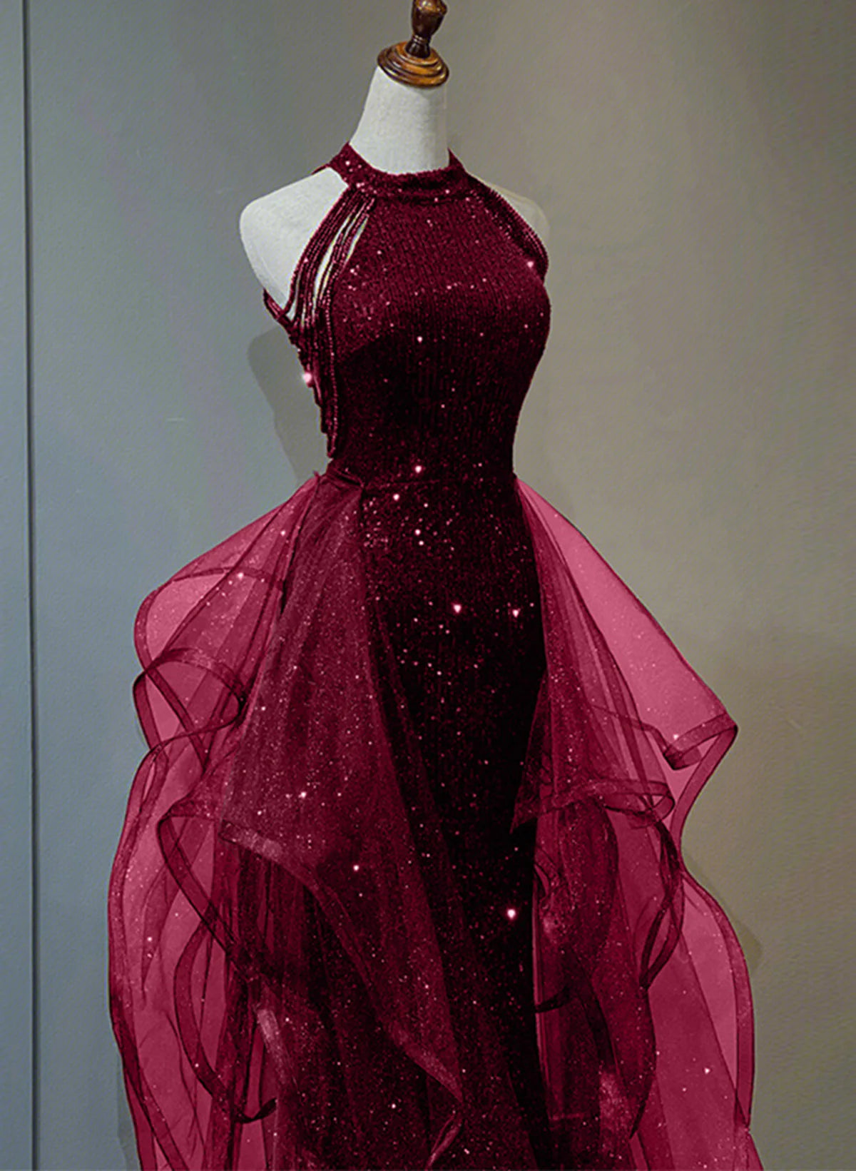 Xuewuba Dress Wine Red Sequins with Tulle Long Party Dress Wine Red Halter Evening Dress Prom Dress Formal Wear Dresses