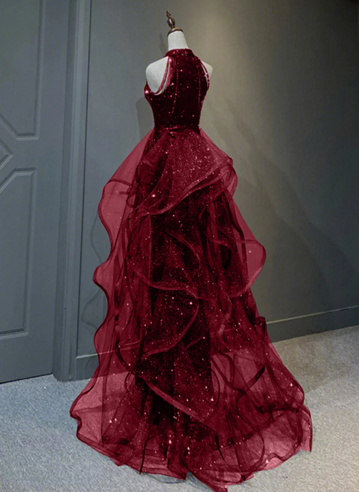 Xuewuba Dress Wine Red Sequins with Tulle Long Party Dress Wine Red Halter Evening Dress Prom Dress Formal Wear Dresses