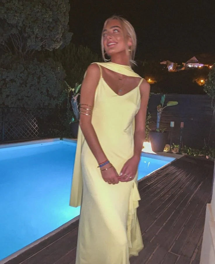 Xuewuba Dress Yellow Elegant Fashion Spaghetti Strap Long Ruffled Ball Gown Evening Dress Party Dress Prom Dress