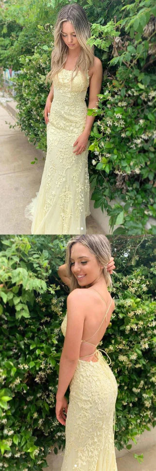 Xuewuba Dress Yellow Tulle Lace Backless Long Evening Dress With Applique Prom Dress