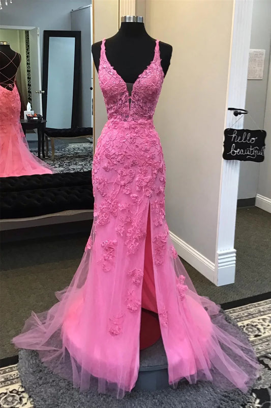 Xuewuba Plunge Neck Pink Appliques Long Dress with Slit Prom Dress