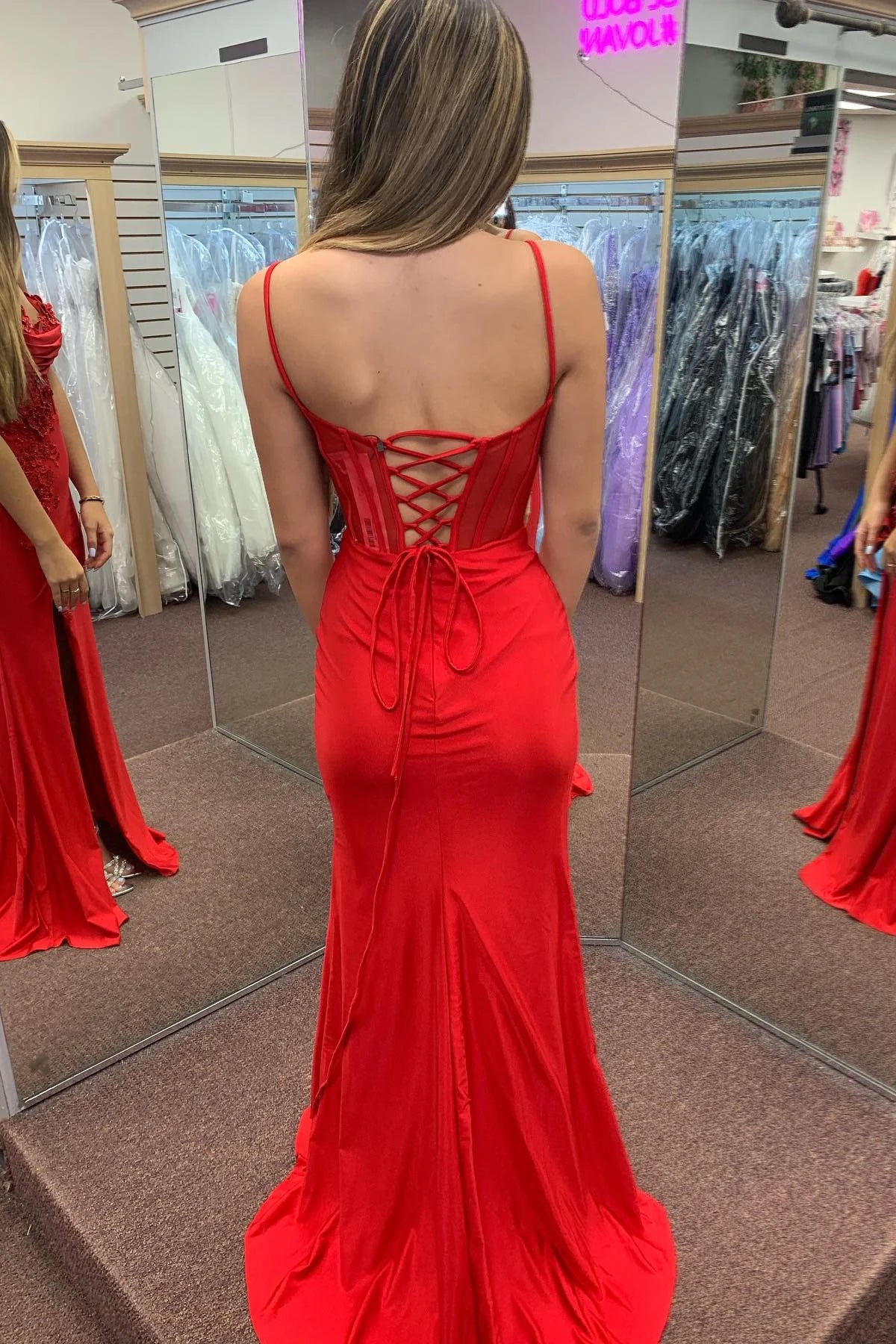 Xuewuba Spaghetti Straps Red Appliques Long Dress with Slit Prom Dress
