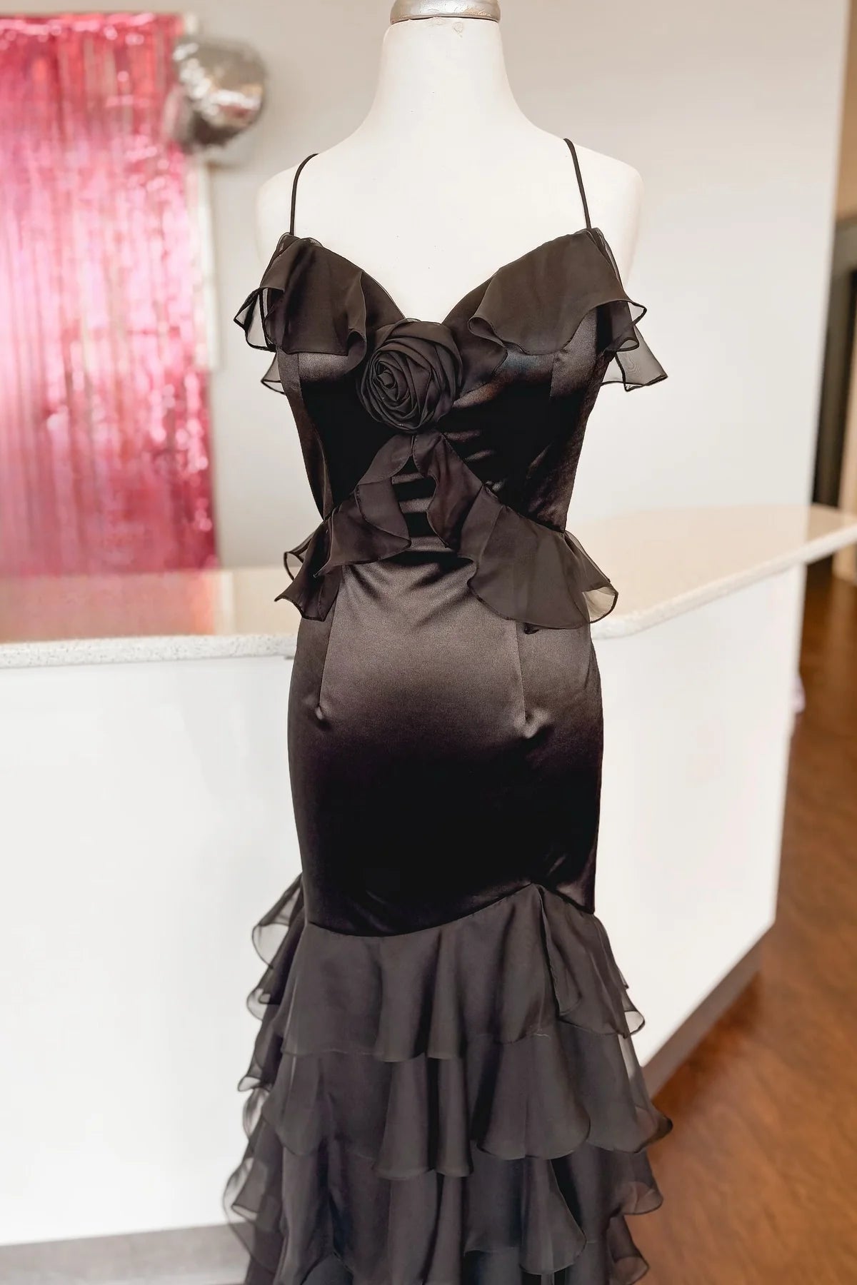 Xuewuba Straps Black Ruffled Long Dress with Rosette Prom Dress