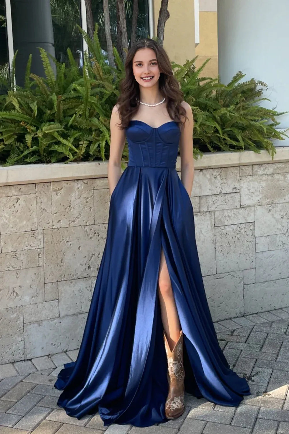 Xuewuba Straps Navy Blue Satin A-line Long Dress with Slit Prom Dress