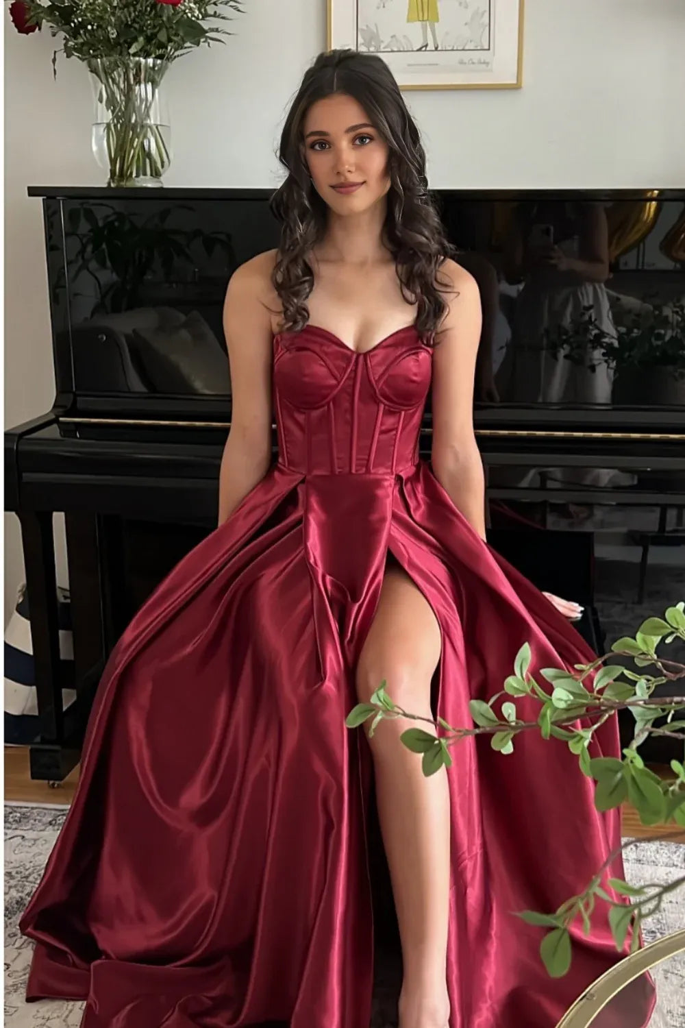 Xuewuba Straps Navy Blue Satin A-line Long Dress with Slit Prom Dress