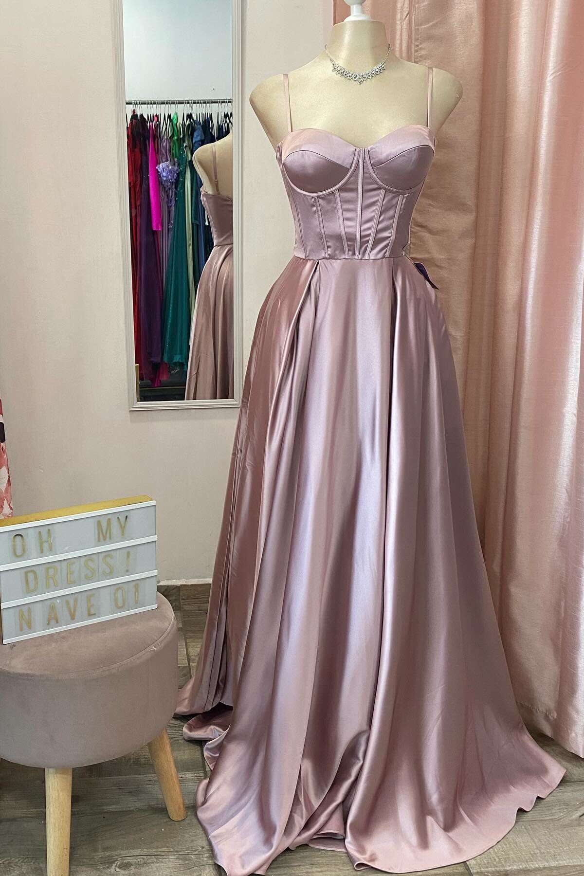 Xuewuba Straps Navy Blue Satin A-line Long Dress with Slit Prom Dress