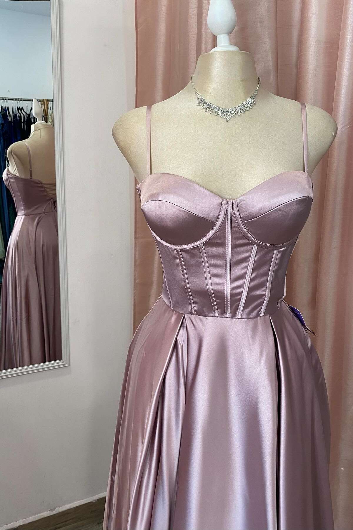 Xuewuba Straps Navy Blue Satin A-line Long Dress with Slit Prom Dress