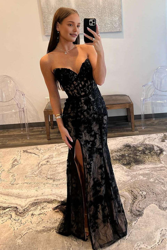 Xuewuba V-neck Black Lace Appliques Mermaid Long Dress Prom Dress