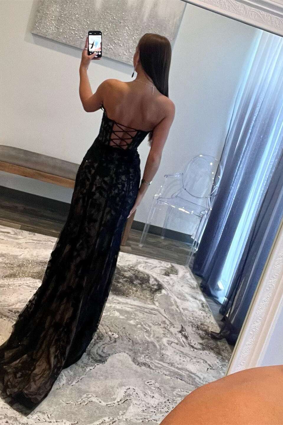 Xuewuba V-neck Black Lace Appliques Mermaid Long Dress Prom Dress
