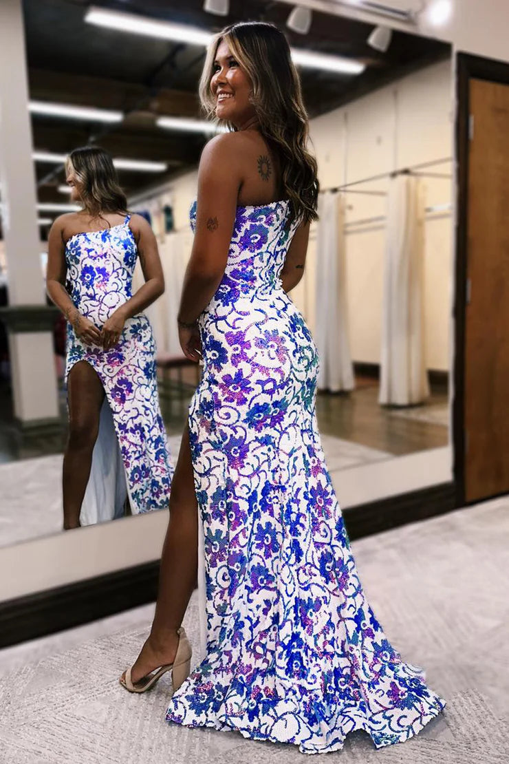 Xuewuba Dress Cute Sheath One Shoulder Mermaid Purple White Sequins Long Prom Dress with Slit