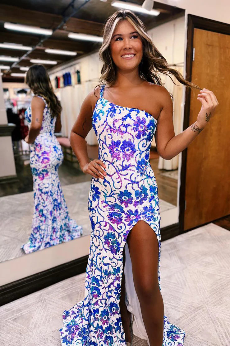Xuewuba Dress Cute Sheath One Shoulder Mermaid Purple White Sequins Long Prom Dress with Slit