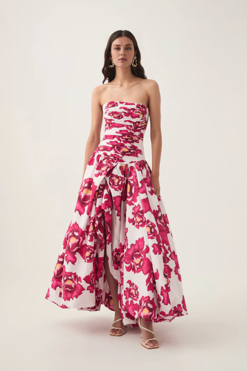 Xuewuba Dress Elegant Chic A-line Strapless Ruched Floral-Print Ankle Length Sleeveless Prom Dress With Side Slit
