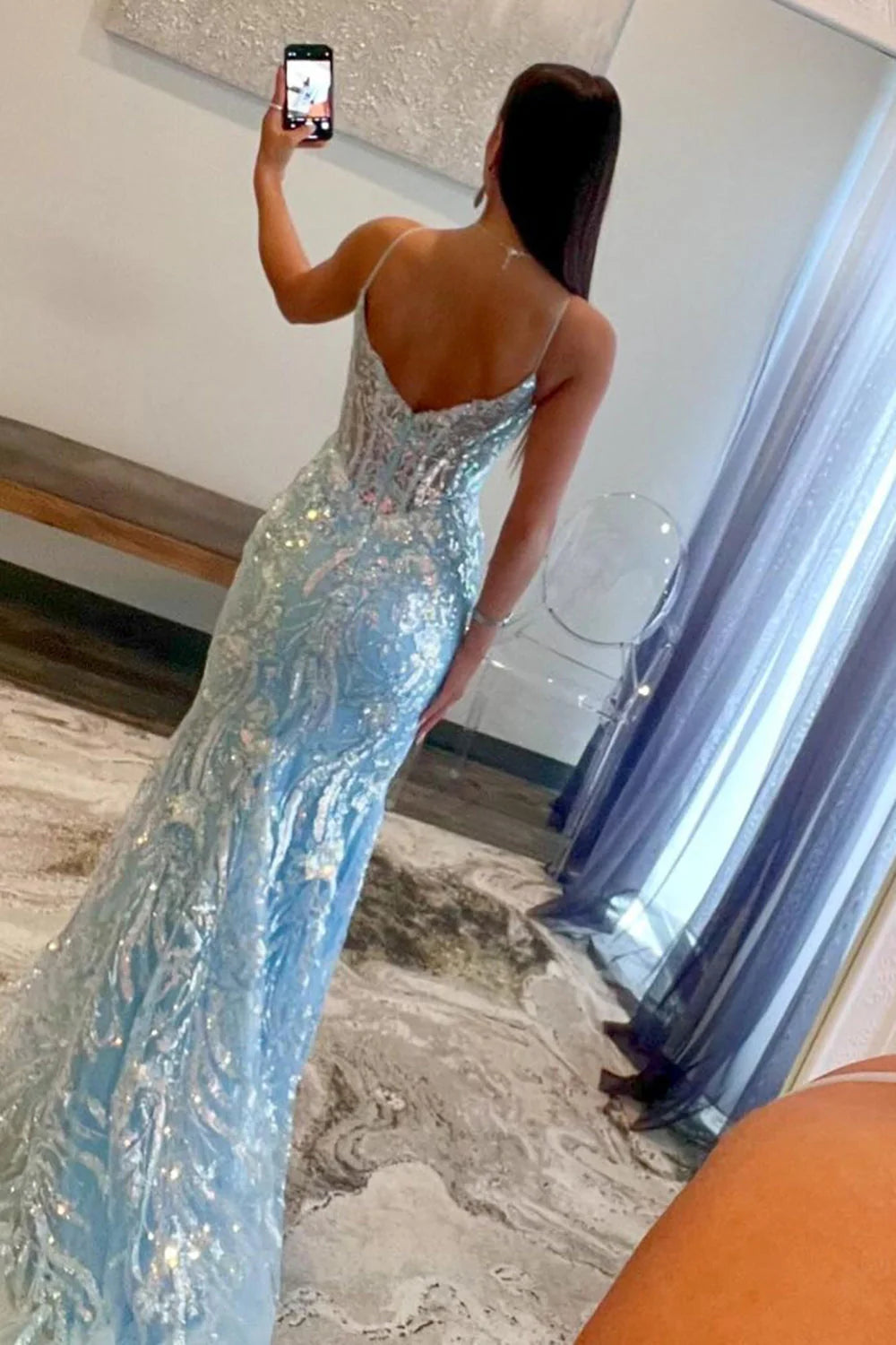 Xuewuba Dress Sequin Light Blue Mermaid Prom Dress Spaghetti Straps Sweep Train Evening Dress