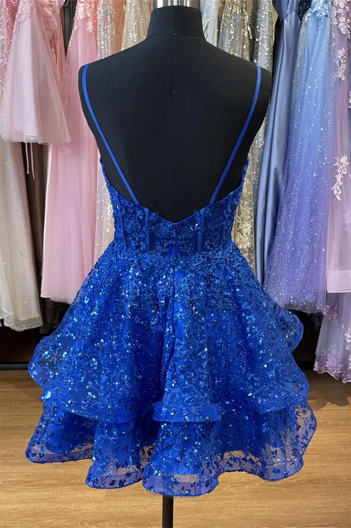 Xuewuba Dress Spaghetti Straps Royal Blue Ruffles A-line Homecoming Dress