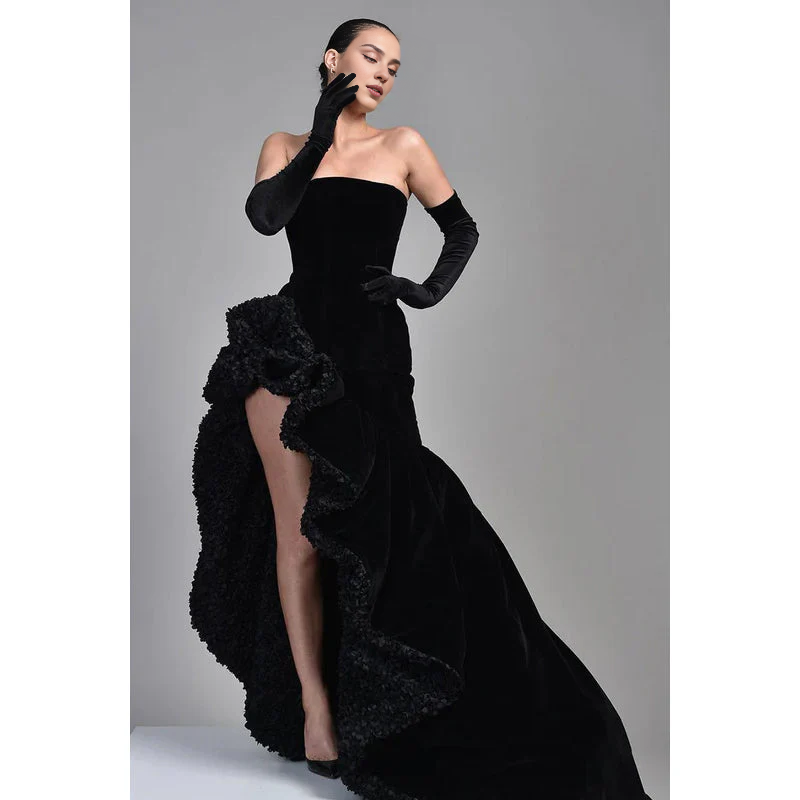Xuewuba Dress Strapless Thigh Slit Velvet A-Line Sleeveless Prom Gown With Sweep Train Party Dress