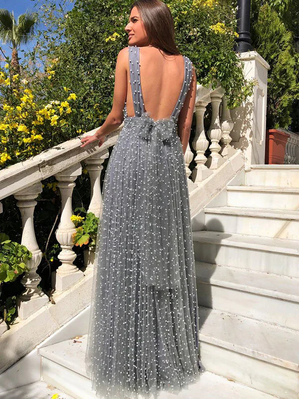 Xuewuba Dress Unique V-neck Sleeveless A-line Satin Evening Prom Dresses