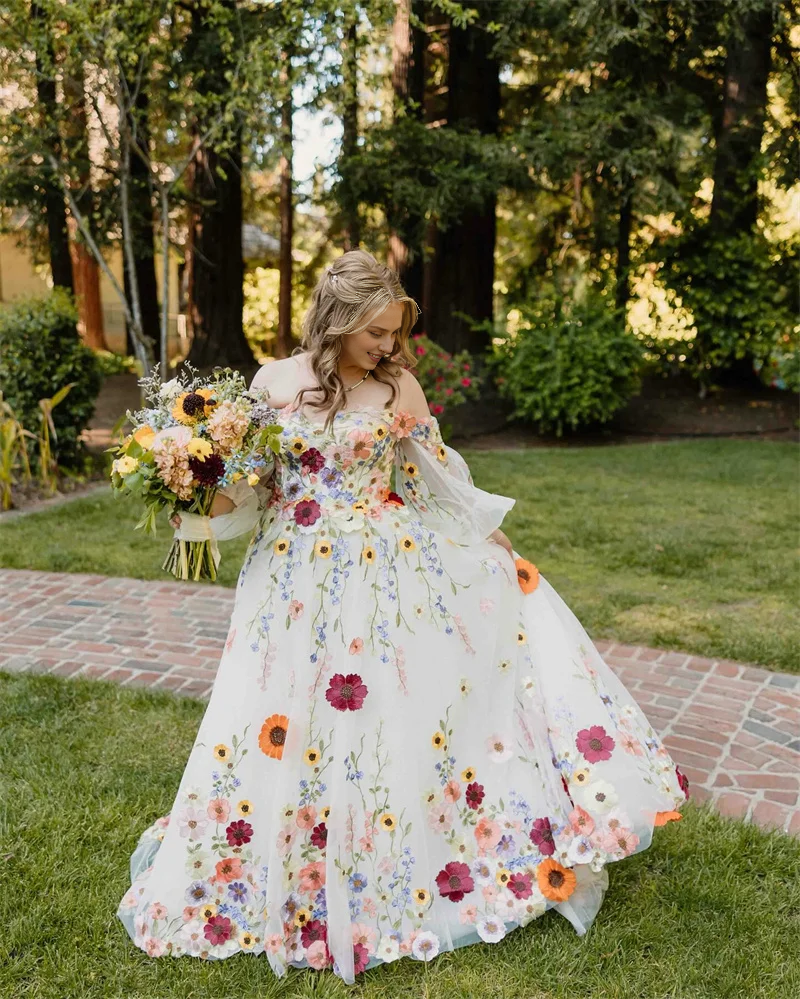 Xuewuba Formal Wear Dresses 3DFlowers Lace Embroidery Tulle Fabric Prom Dress Puff Sleeves Bridal Dress Prom Dress In Store
