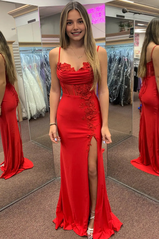 Xuewuba Spaghetti Straps Red Appliques Long Dress with Slit Prom Dress