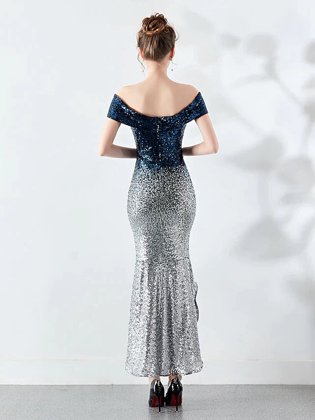 Cocktail Party Dress Off Shoulder Sleeveless Asymmetrical Sequined with Sequin