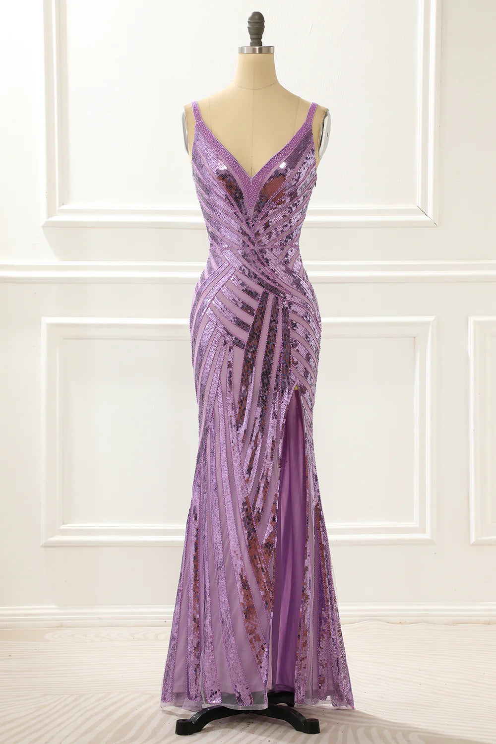 V-Neck Sparkly Purple Prom Dress With Slit