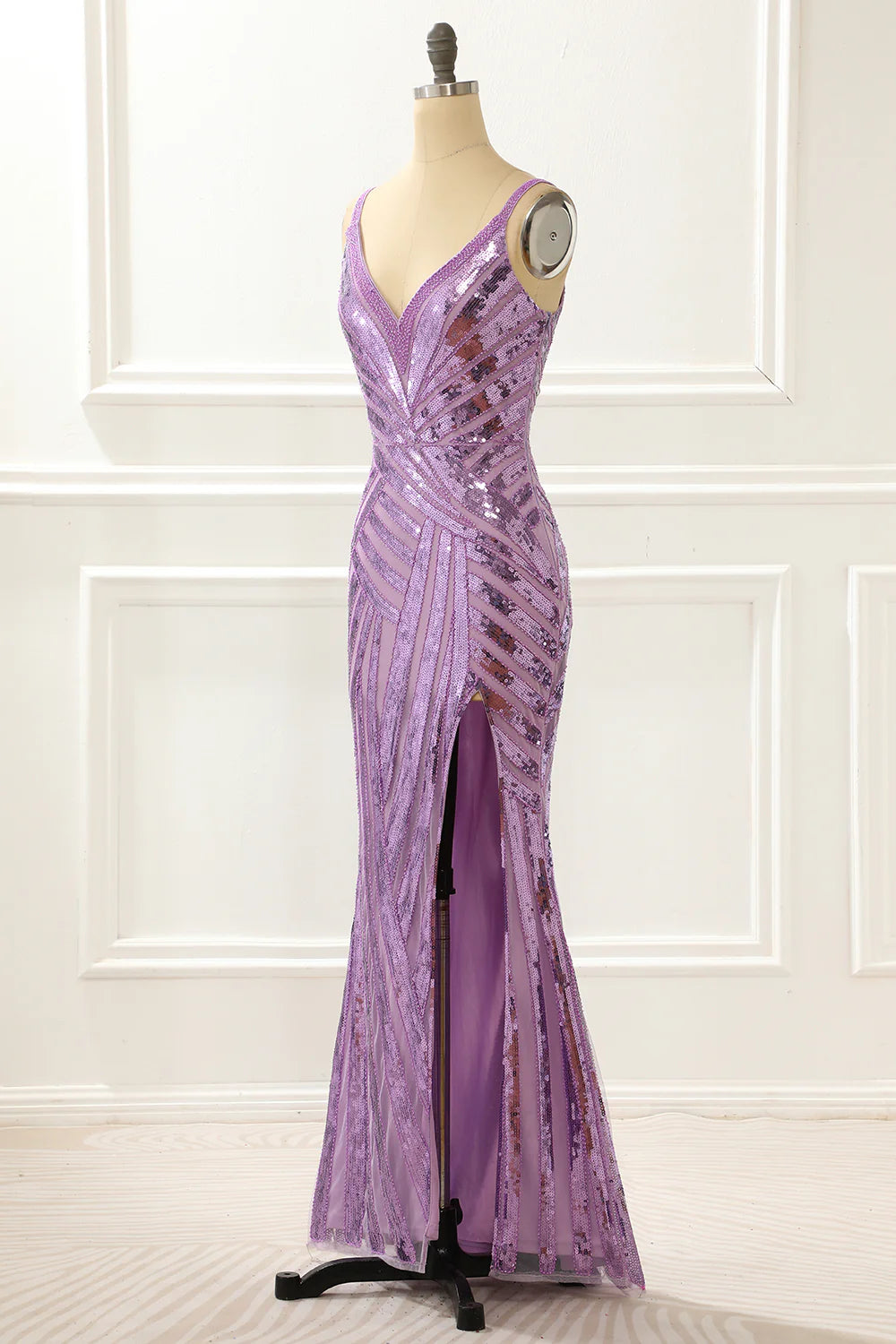 V-Neck Sparkly Purple Prom Dress With Slit