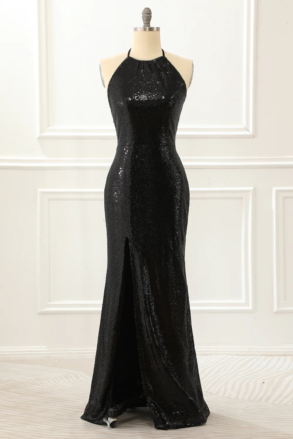 Halter Sequin Prom Dress With Slit