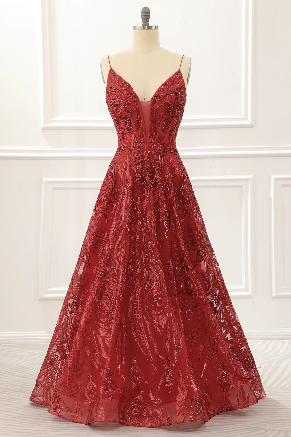 Red Spaghetti Straps Sparkly Corset Prom Dress