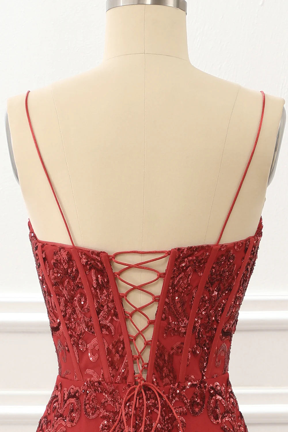 Red Spaghetti Straps Sparkly Corset Prom Dress