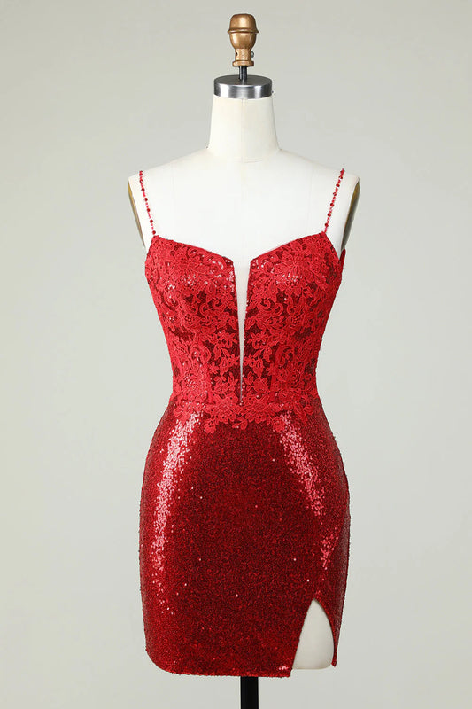 Red Spaghetti Straps Tight Seuqins Homecoming Dress With Appliques