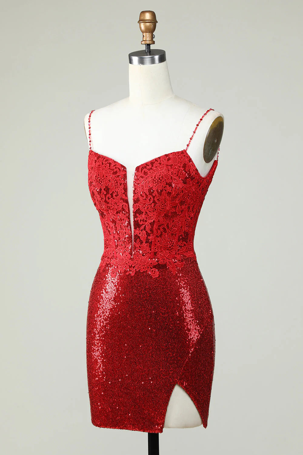 Red Spaghetti Straps Tight Seuqins Homecoming Dress With Appliques