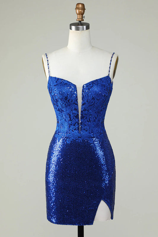 Royal Blue Spaghetti Straps Tight Seuqins Homecoming Dress With Appliques