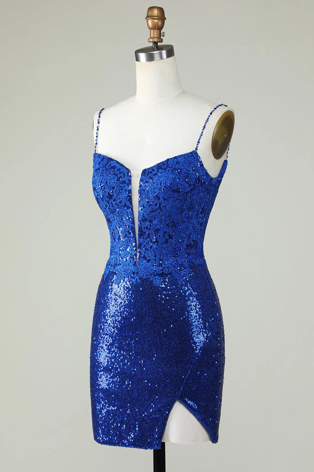 Royal Blue Spaghetti Straps Tight Seuqins Homecoming Dress With Appliques
