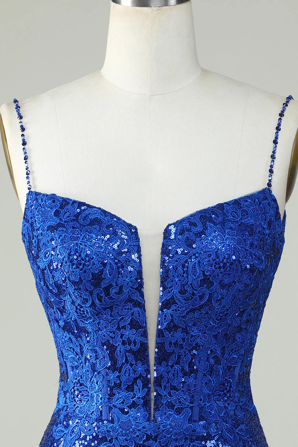 Royal Blue Spaghetti Straps Tight Seuqins Homecoming Dress With Appliques