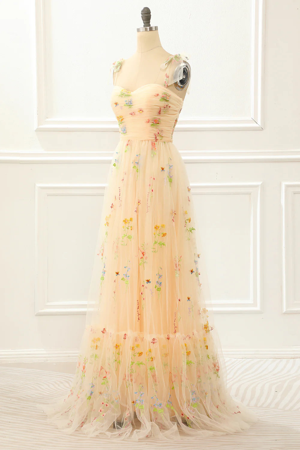 A Line Tulle Champagne Prom Dress With Embroidery