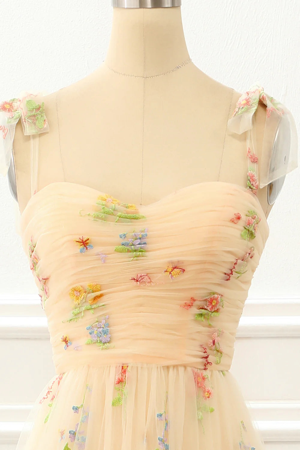 A Line Tulle Champagne Prom Dress With Embroidery