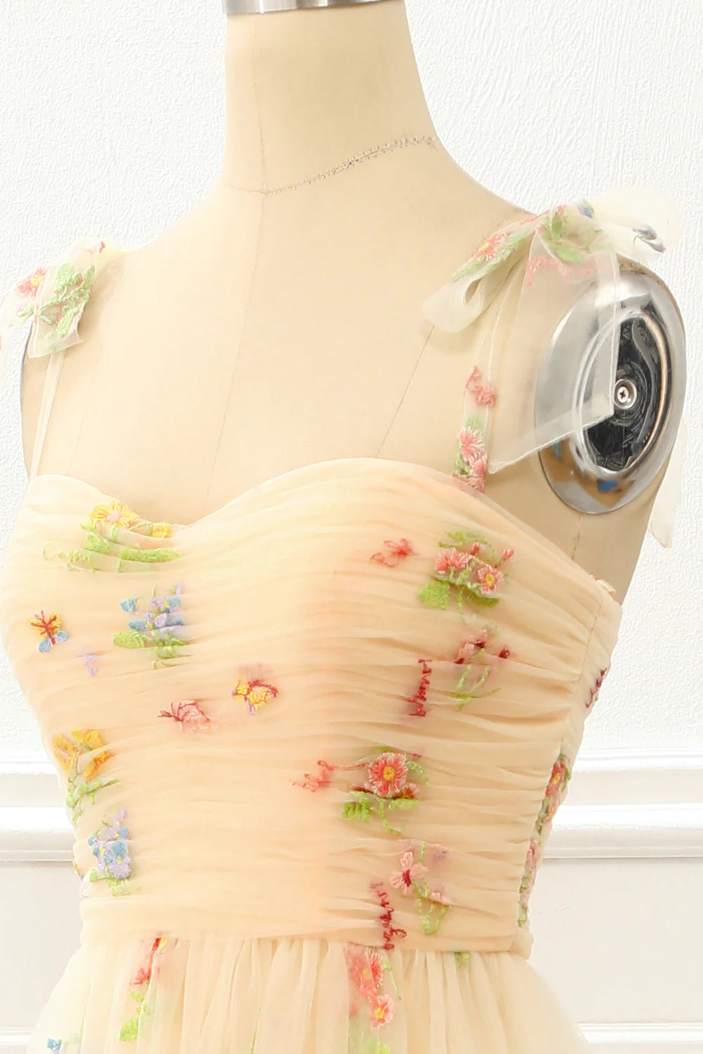 A Line Tulle Champagne Prom Dress With Embroidery