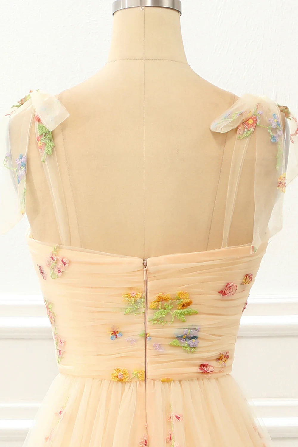 A Line Tulle Champagne Prom Dress With Embroidery