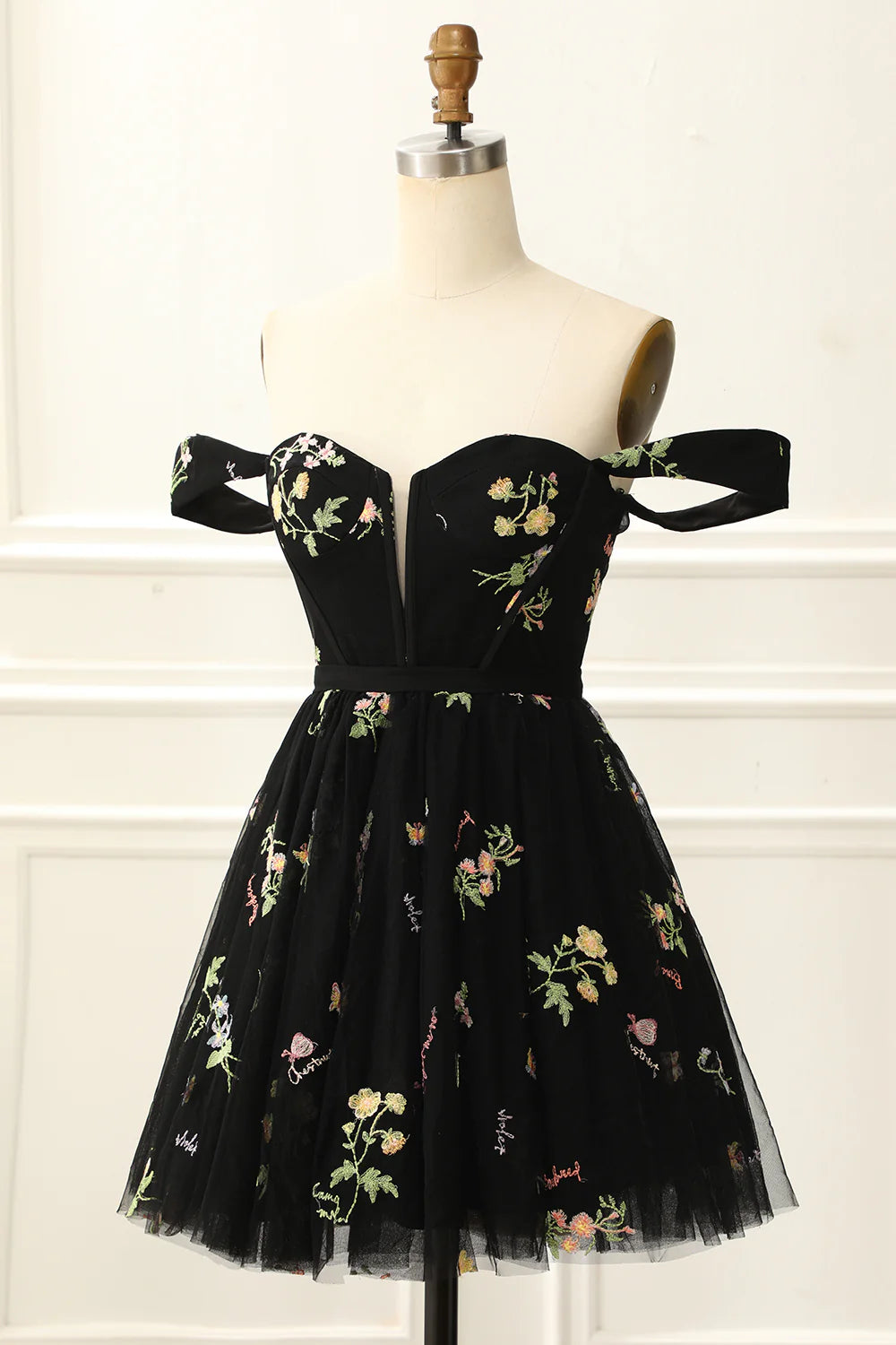 Black Off The Shoulder Cute Homecoming Dress With Embroidery