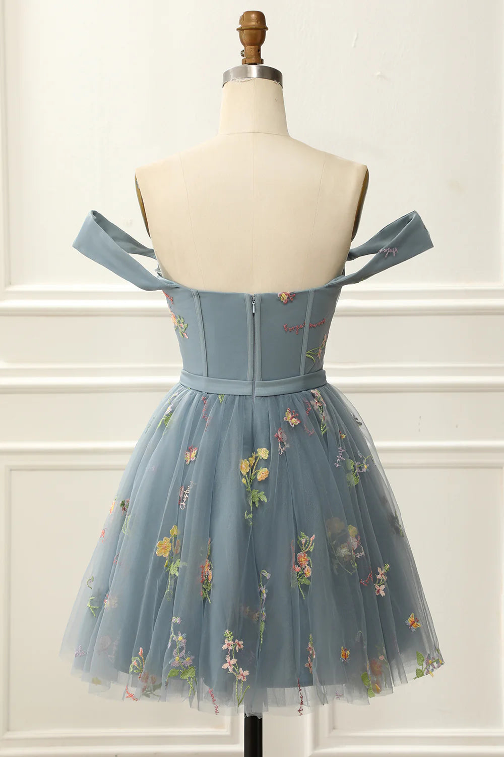 Blue Off The Shoulder Cute Homecoming Dress With Embroidery