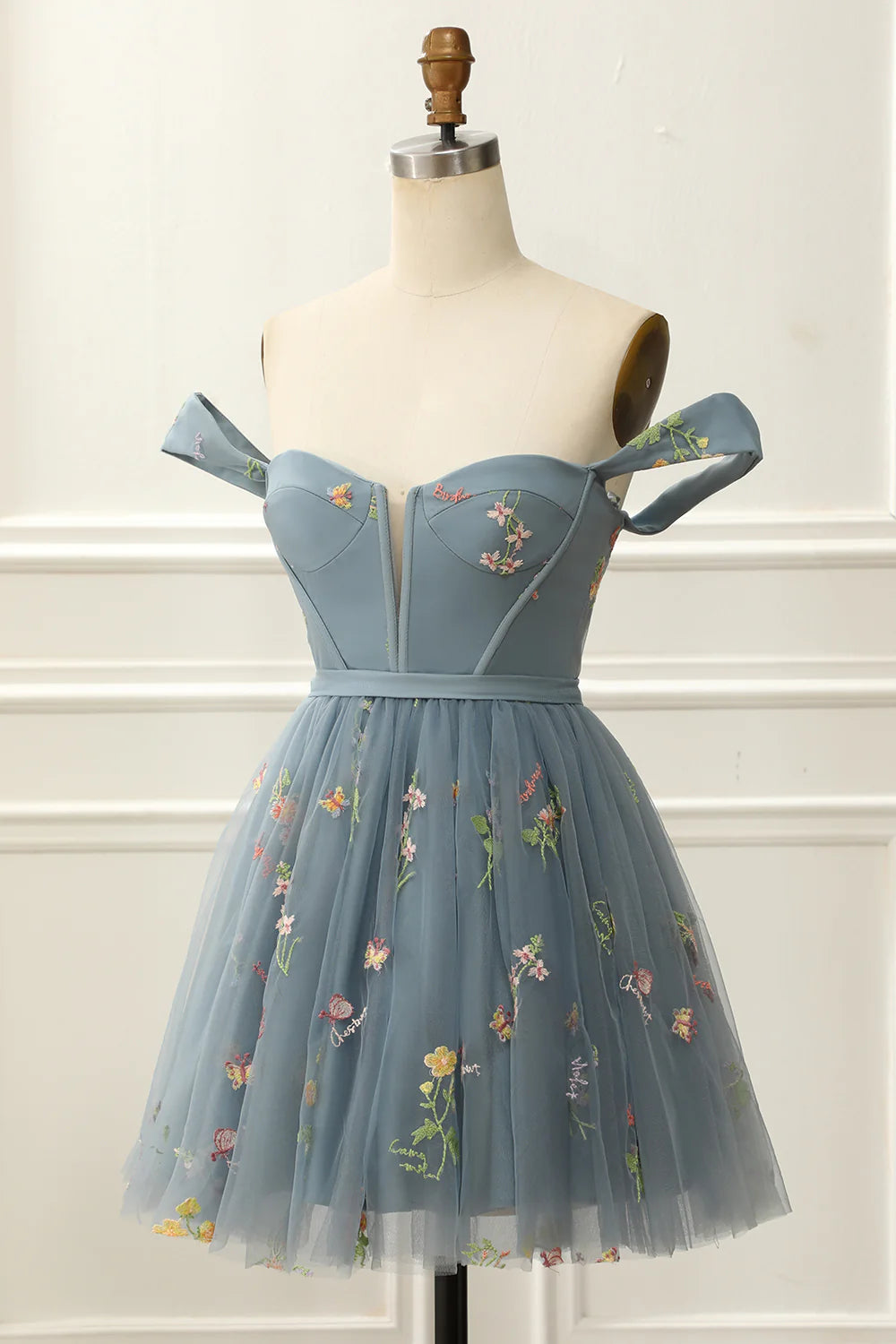 Blue Off The Shoulder Cute Homecoming Dress With Embroidery