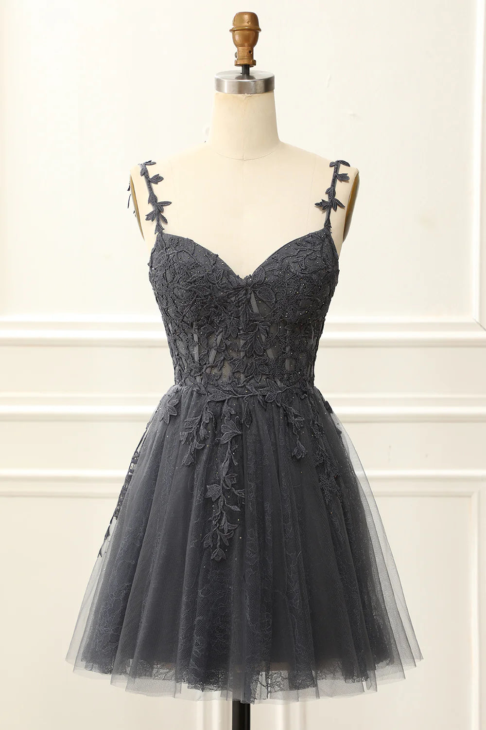 Dark Grey Off The Shoulder Corset Cute Homecoming Dress With Appliques