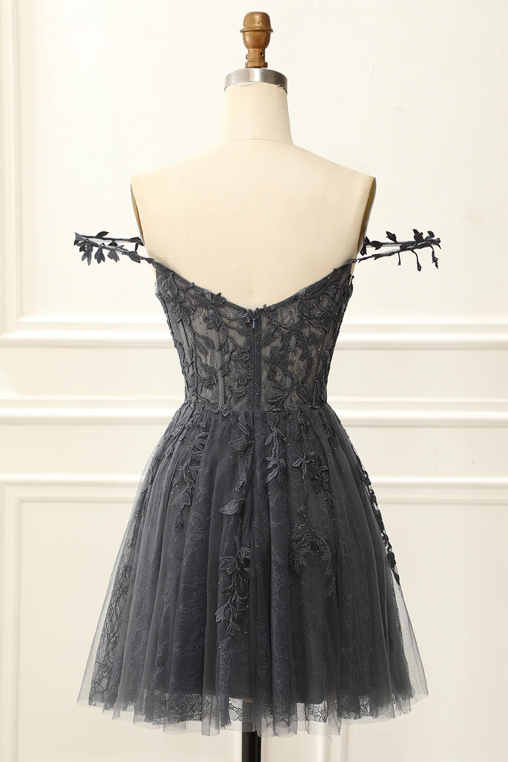 Dark Grey Off The Shoulder Corset Cute Homecoming Dress With Appliques