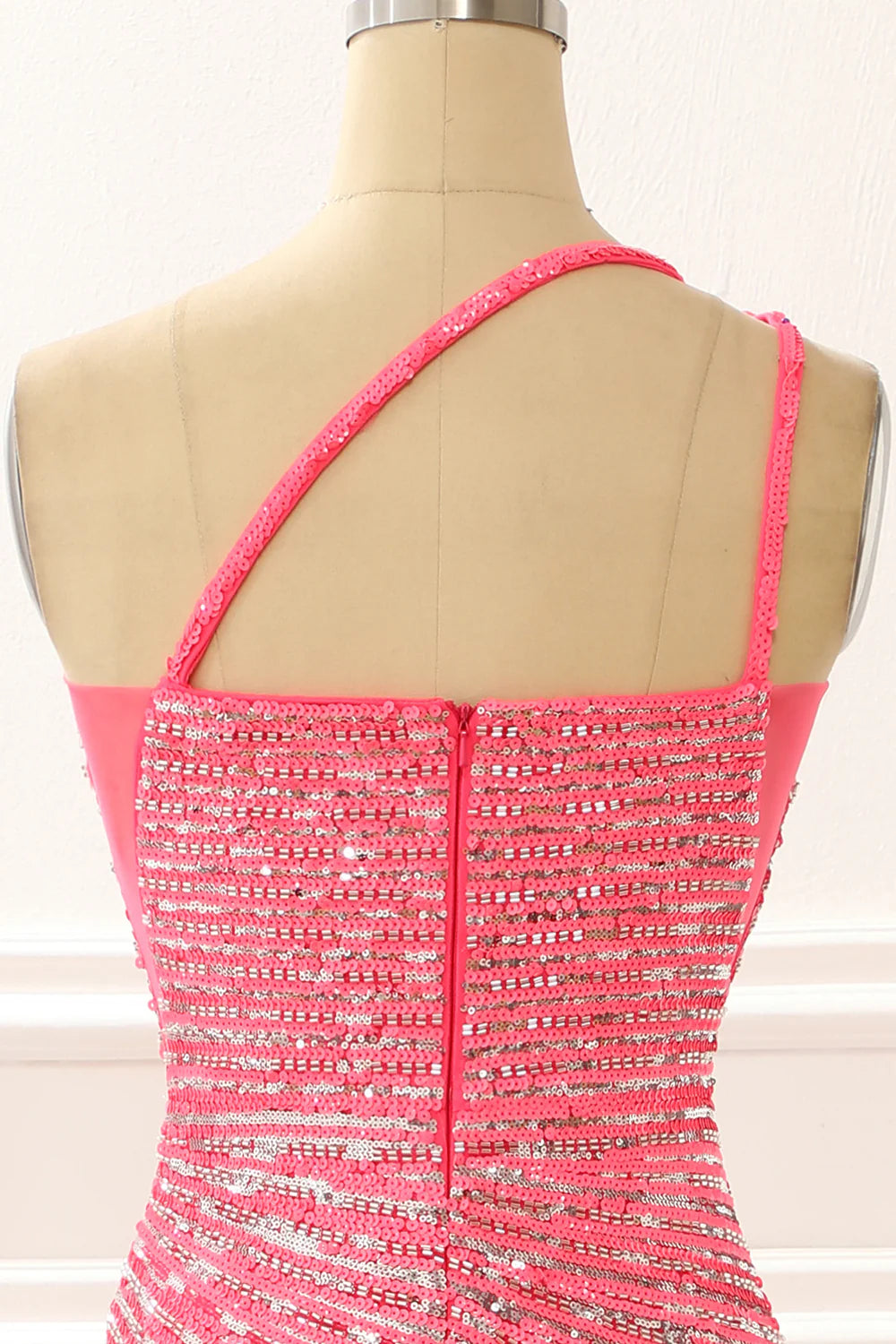 Hot Pink One Shoulder Sparkly Long Prom Dress With Slit