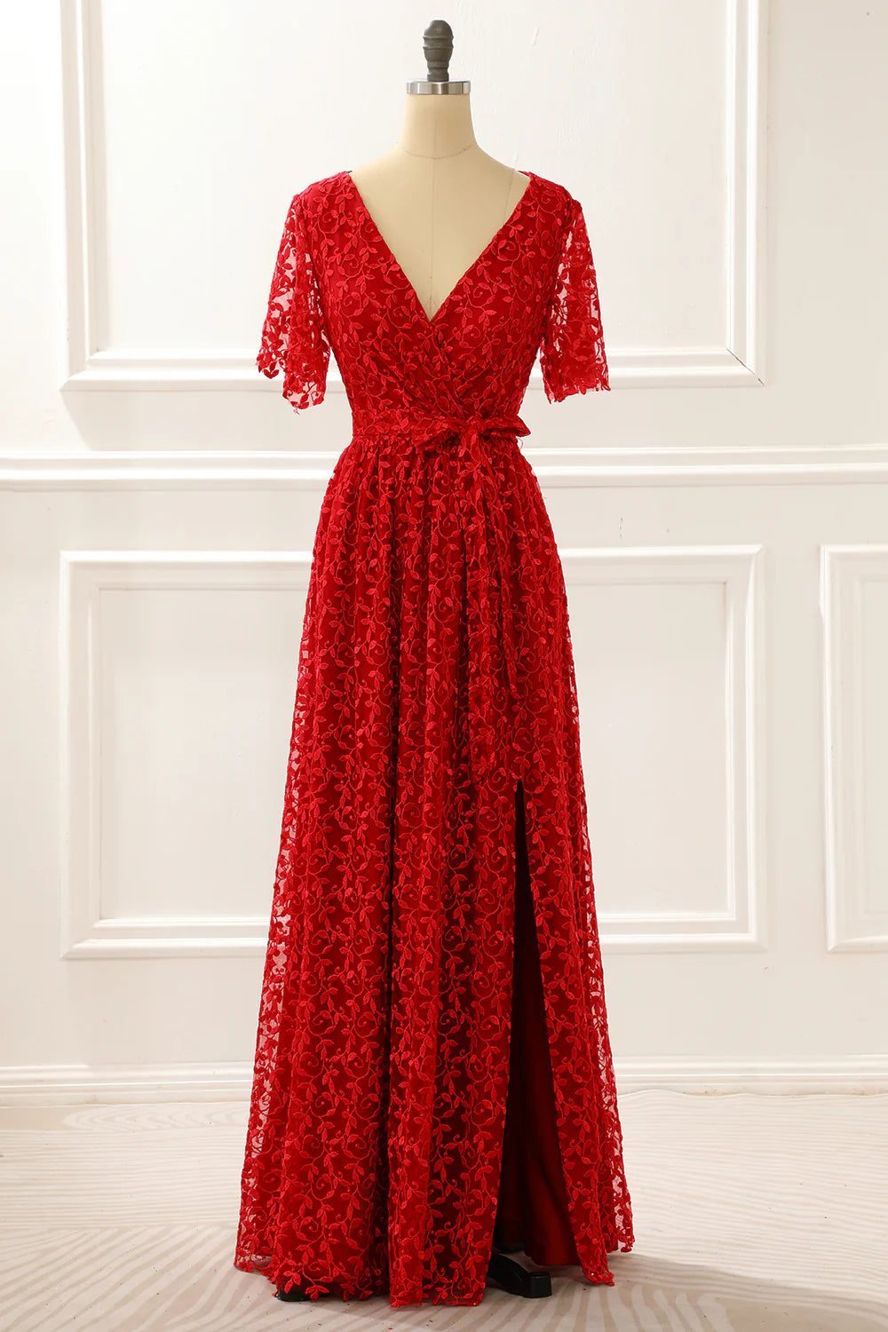 V-Neck Lace Red Prom Dress With Slit