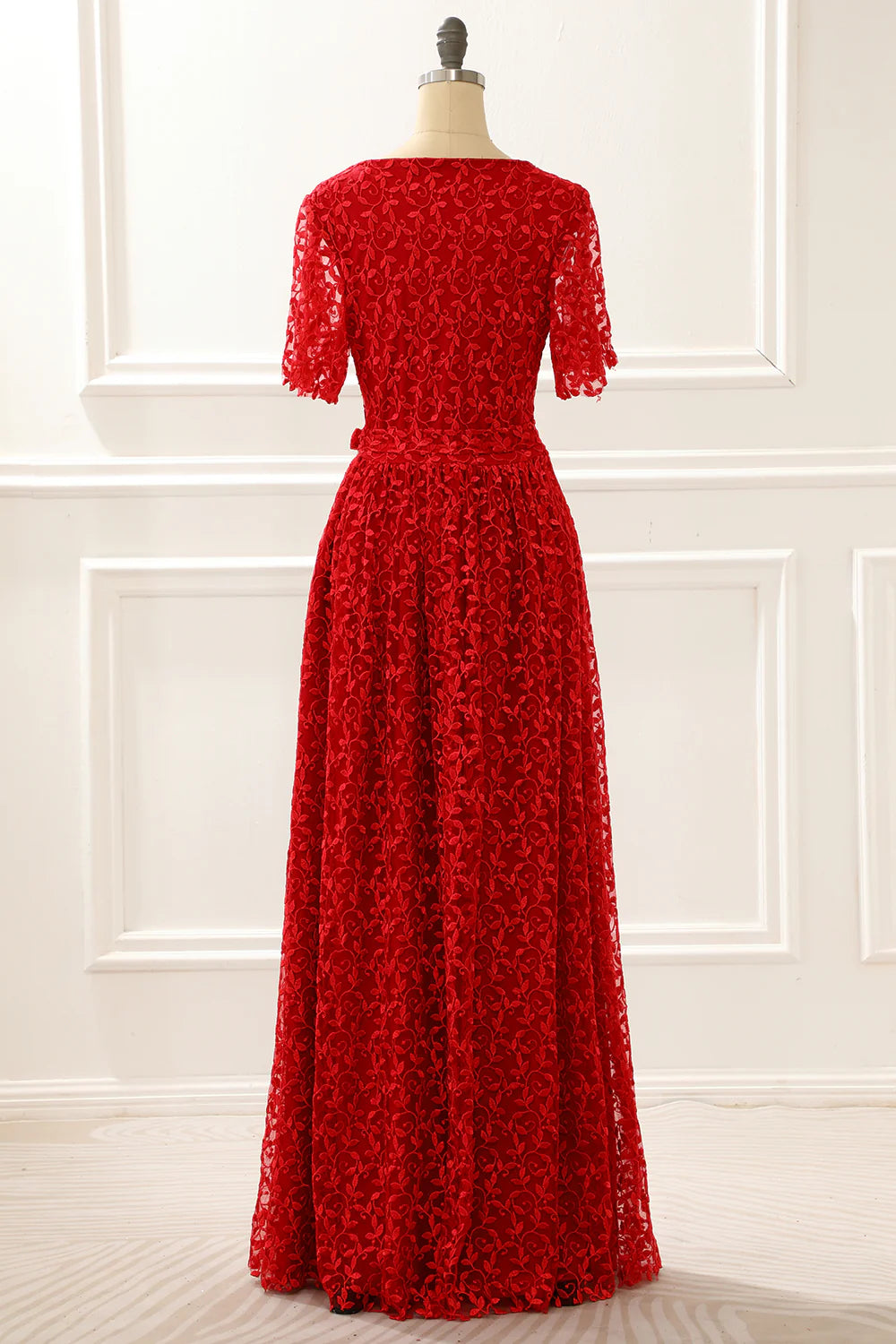 V-Neck Lace Red Prom Dress With Slit